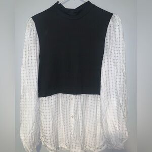 Patchwork 2 In 1 Peplum Blouse Top Button Down Mock Neck Long Sleeve Tunics